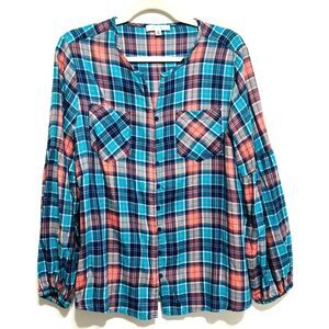 Daily Thread V-Neck Blouse Sz L Blue Orange Plaid Button Up